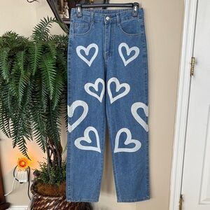 Brand New High Waisted Bleached Heart 5-Pocket Denim Blue Jeans Valentine's Day